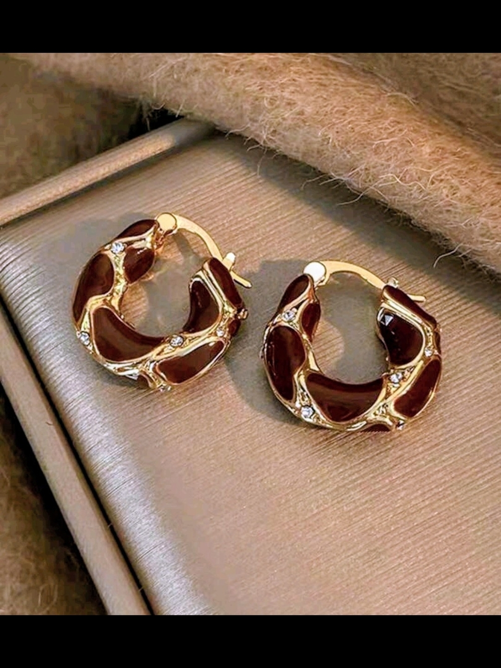 Gold Hoop Earrings with Brown Enamel and Crystal Accents